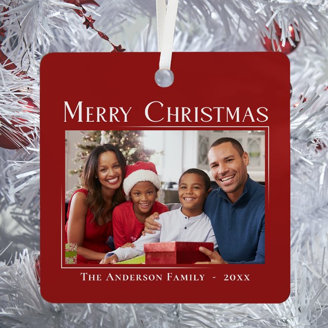 Merry Christmas Modern Style Elegant Family Photo Metal Ornament (Creator Uploaded)