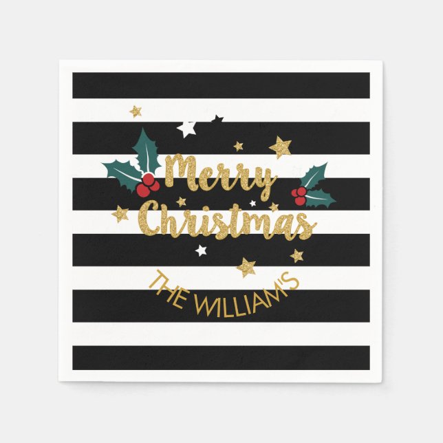 Merry Christmas Modern Text Design Gold Glitter Napkins (Front)