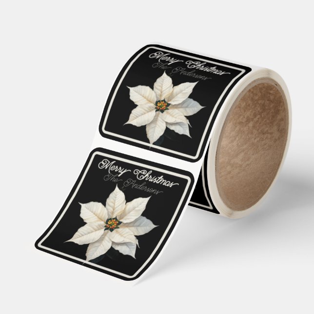 Merry Christmas Modern Topography White Poinsettia Square Sticker (Roll)