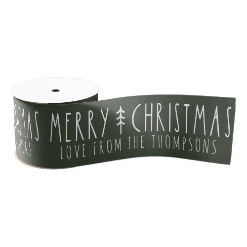 Merry Christmas Modern Tree Personalized Name Grosgrain Ribbon