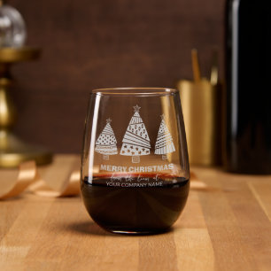 Merry Christmas Modern Trees Company Name Stemless Wine Glass
