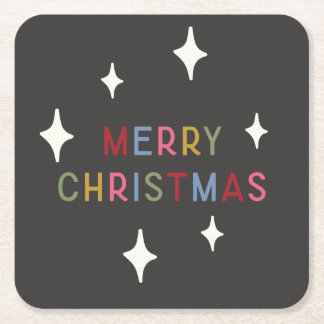 Merry Christmas Modern Typography Colorful Square Paper Coaster