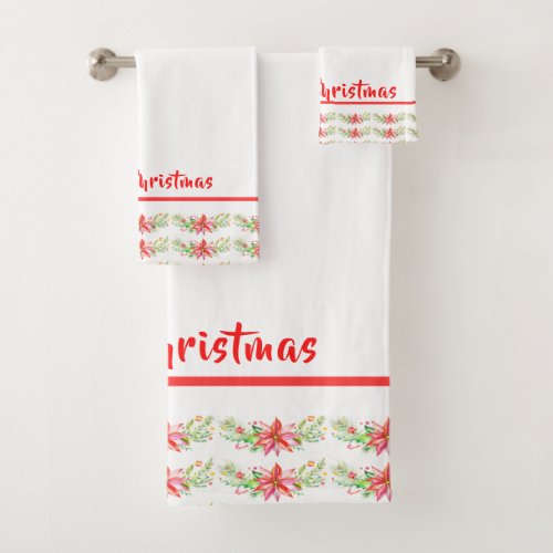 Merry Christmas Modern Typography  Flowers Bath Towel Set