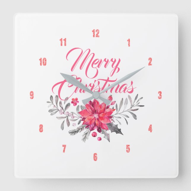 Merry Christmas Modern Typography Flowers Bouquet Square Wall Clock (Front)