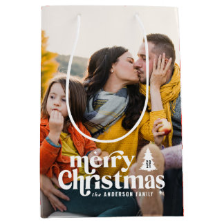 Merry Christmas modern typography vintage 1 photo Medium Gift Bag