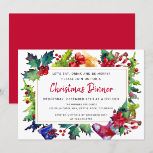 Merry Christmas Modern Watercolor Christmas Dinner Invitation
