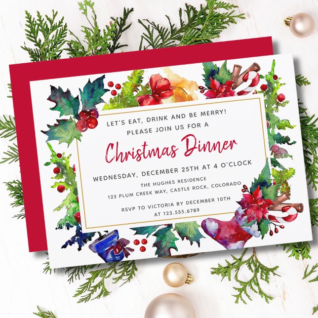 Merry Christmas Modern Watercolor Christmas Dinner Invitation (Creator Uploaded)