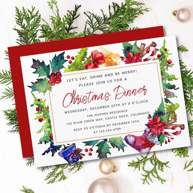 Merry Christmas Modern Watercolor Christmas Dinner Invitation (Creator Uploaded)