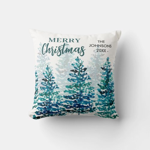 Merry Christmas Modern Watercolor Forest Trees Throw Pillow