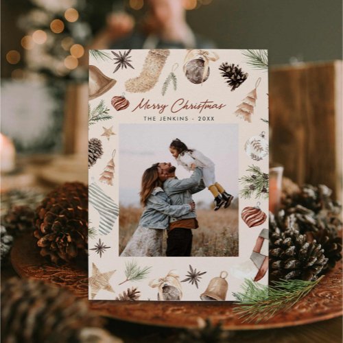 Merry Christmas Modern Watercolor One Photo Holiday Card