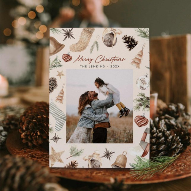 Merry Christmas Modern Watercolor One Photo Holiday Card (Merry Christmas Photo Greeting Card)