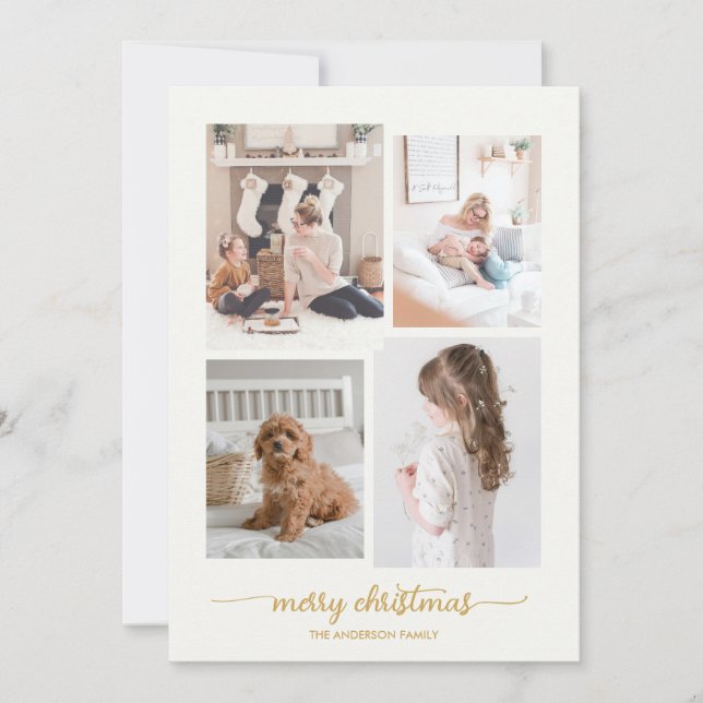 Merry Christmas | Modern, White Four Photo Collage Holiday Card (Front)