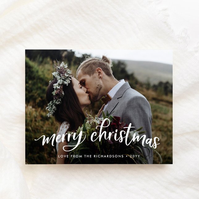 Merry Christmas | Modern White Script with Photo Holiday Postcard (Creator Uploaded)