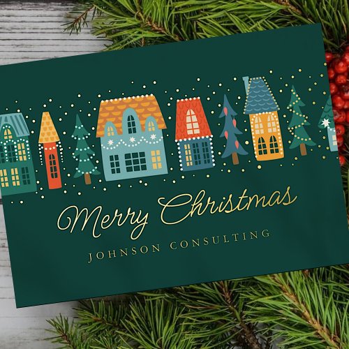 Merry Christmas Modern Winter Snow Village Foil Holiday Card