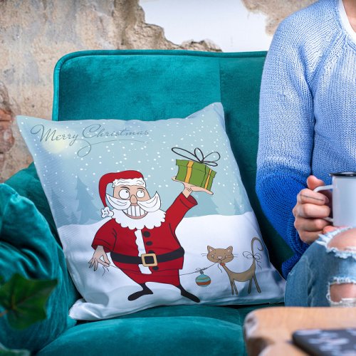 Merry Christmas Modern Winter Whimsical Santa Cat Throw Pillow