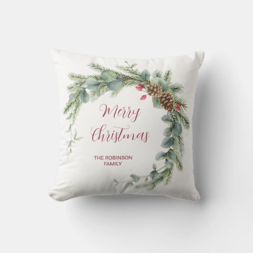Merry Christmas Modern Wreath and Script  Throw Pillow
