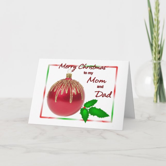 Merry Christmas Mom and Dad Red and Gold Ball with Holiday Card (Front)
