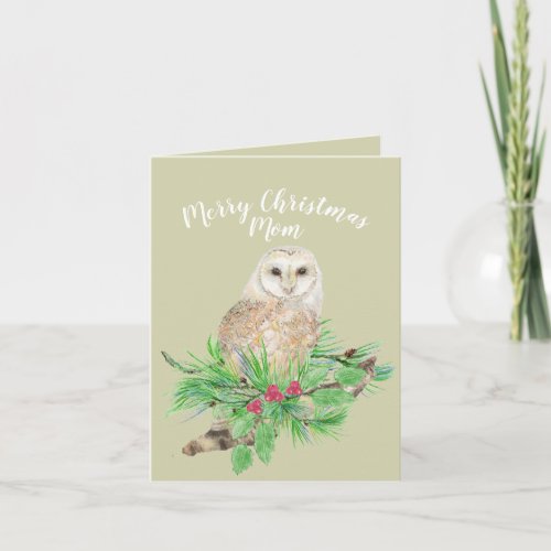 Merry Christmas Mom Barn Owl Watercolor Holiday Card
