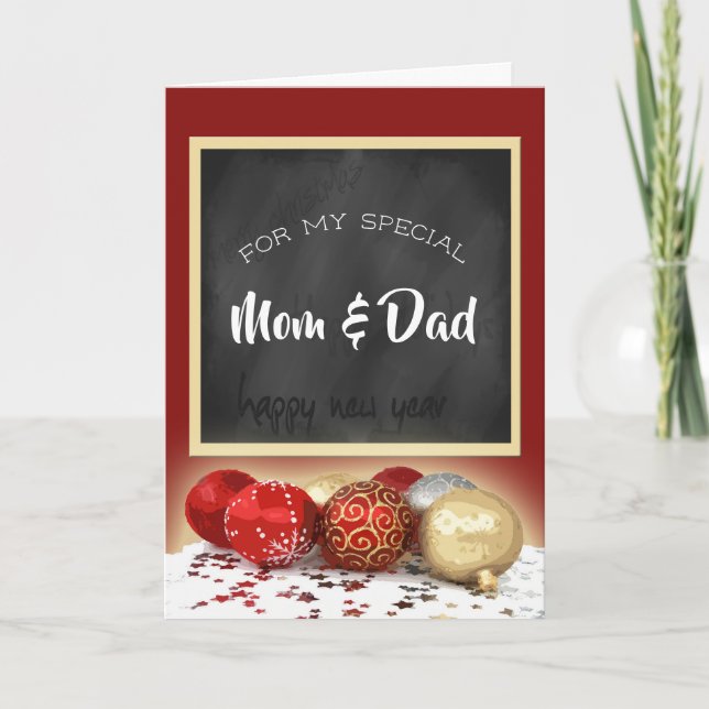 Merry Christmas Mom & Dad Chalkboard and Ornaments Holiday Card (Front)