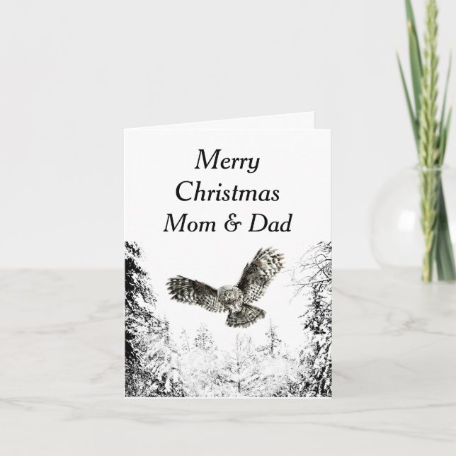Merry Christmas Mom Dad Winter Forest Owl Card (Front)