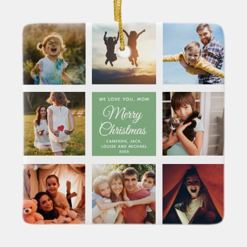 Merry Christmas Mom Dusty Green Chic Photo Collage Ceramic Ornament