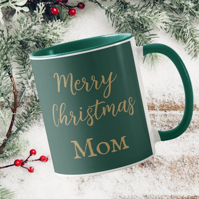 Merry Christmas Mom Green And Gold Script Mug (Creator Uploaded)