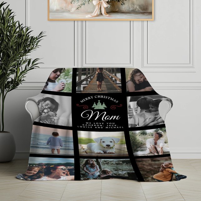 Merry Christmas Mom Modern Family Photo Collage Fleece Blanket (Creator Uploaded)