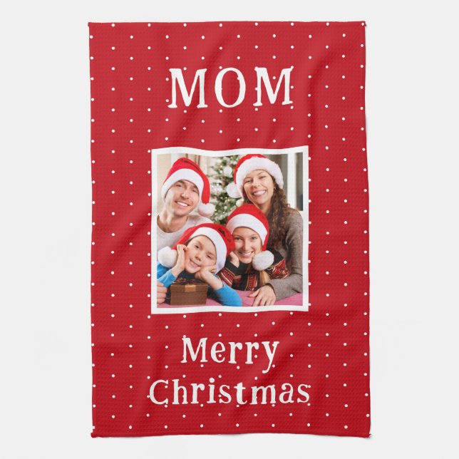 Merry Christmas Mom Red And White Polka Dot Snow Kitchen Towel (Vertical)