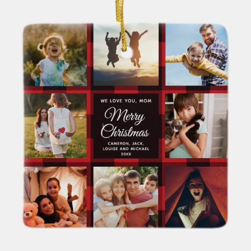 Merry Christmas Mom Red Plaid Family Photo Collage Ceramic Ornament