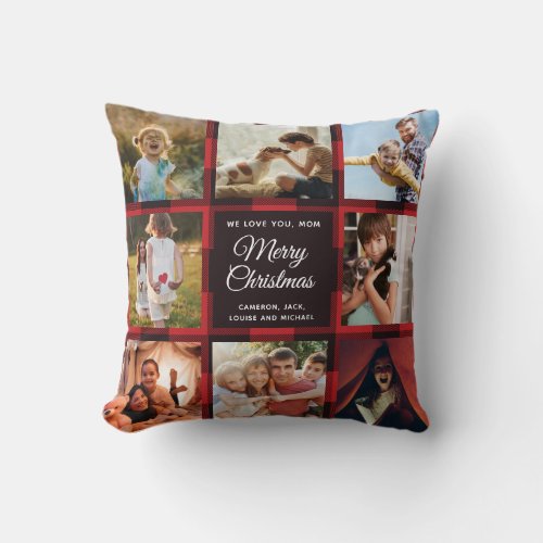 Merry Christmas Mom Red Plaid Family Photo Collage Throw Pillow