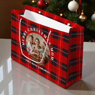 Merry Christmas Mom Red Plaid Personalized Photo Large Gift Bag