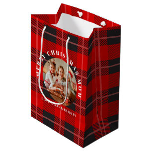 Merry Christmas Mom Red Plaid Personalized Photo Medium Gift Bag