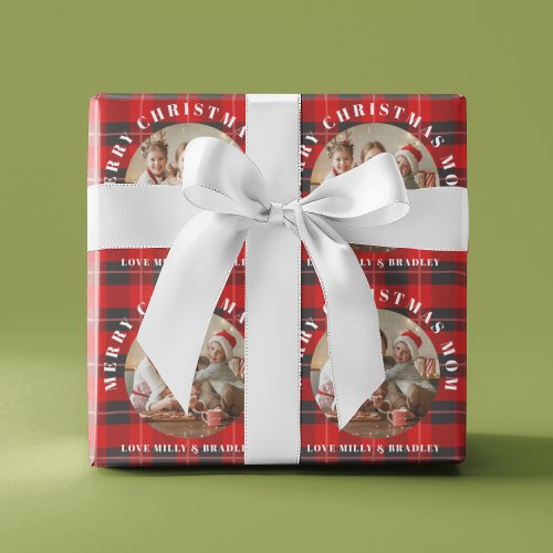 Merry Christmas Mom Red Plaid Personalized Photo Wrapping Paper