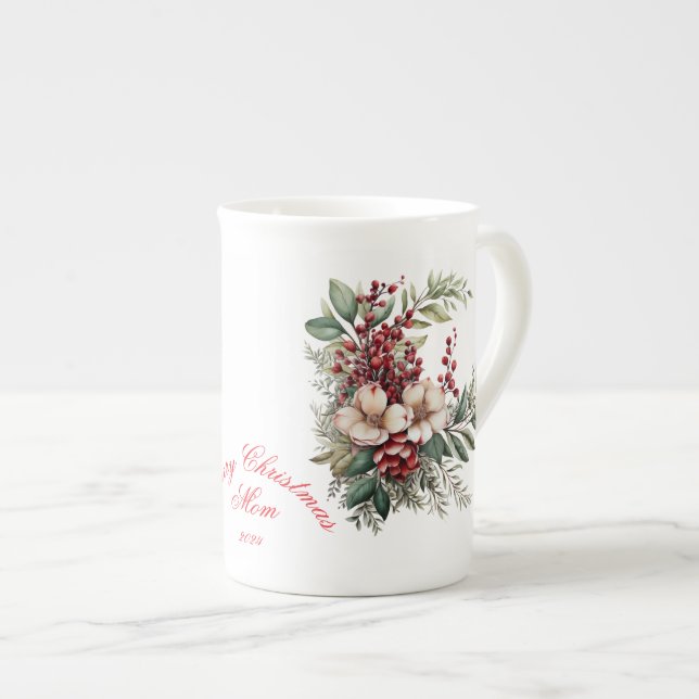 Merry Christmas Mom White Red Green Floral Bone China Mug (Front Right)