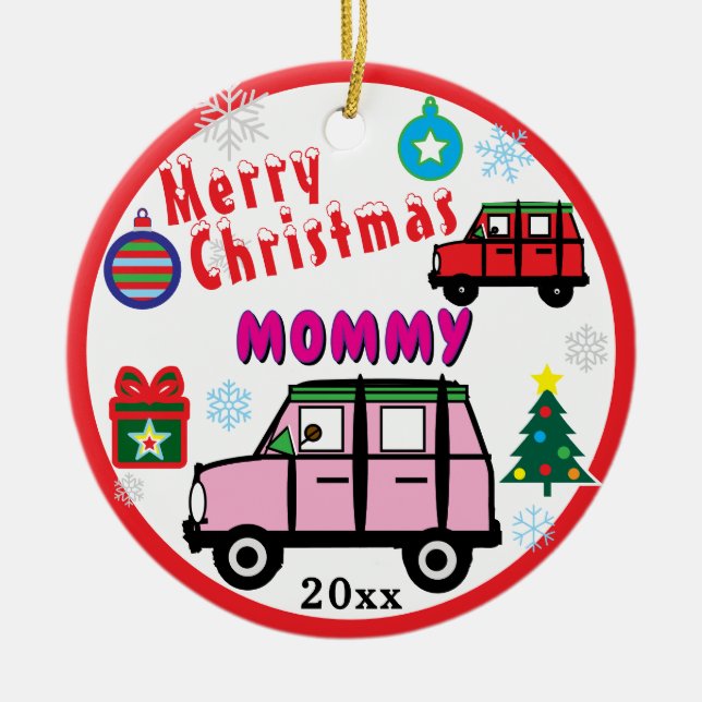 Merry Christmas Mommy Pink Car Kids PHOTO Ceramic Ornament (Front)