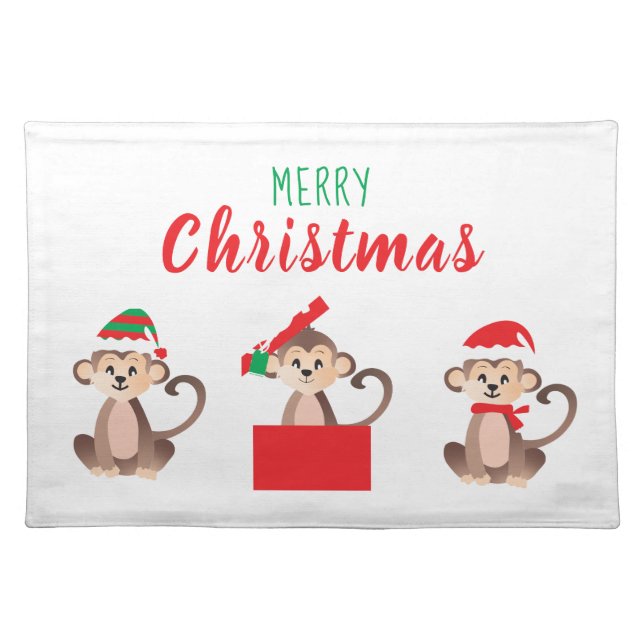 Merry Christmas Monkey Christmas Hat Cloth Placemat (Front)