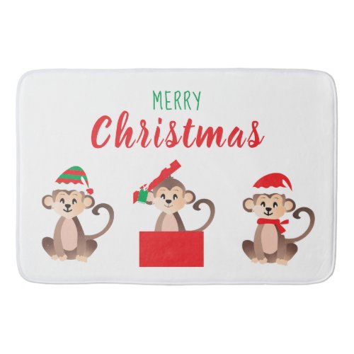 Merry Christmas Monkey Christmas Hat Red Green Bath Mat