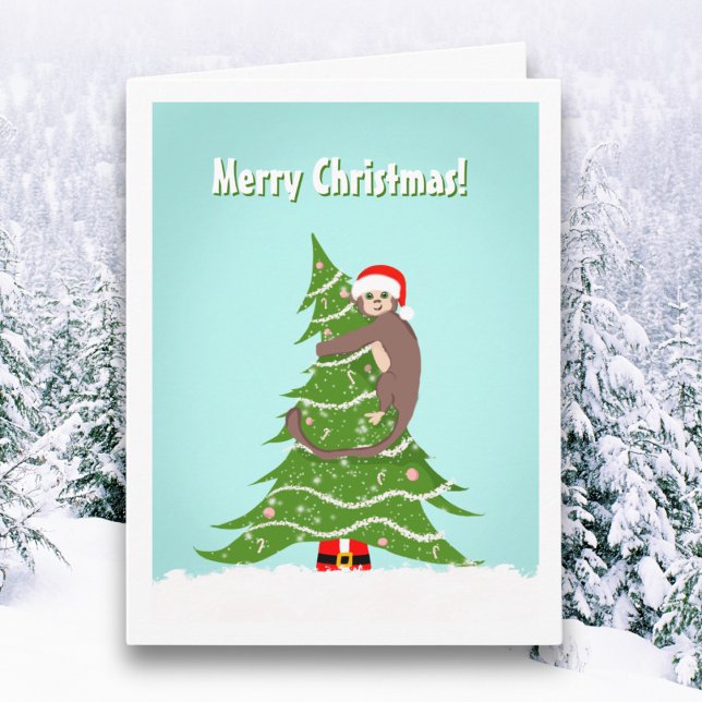 Merry Christmas Monkey Climbing Tree Card (Creator Uploaded)