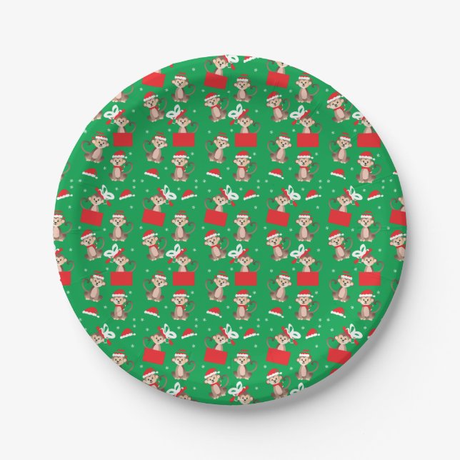 Merry Christmas Monkey Pattern Santa Hat Paper Plates (Front)
