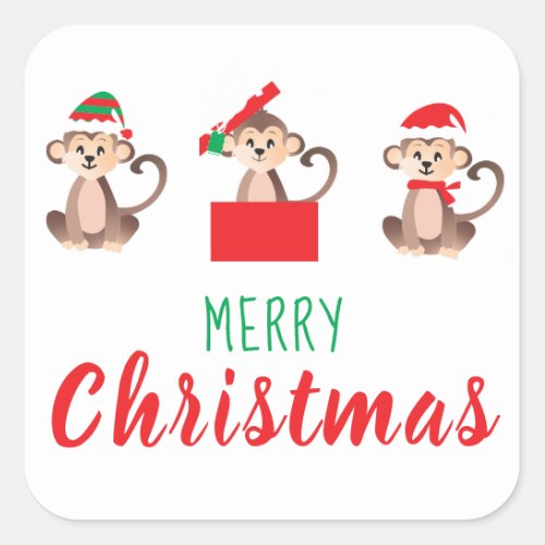 Merry Christmas Monkey Wearing Santa Hat Square Sticker