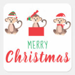 Merry Christmas Monkey Wearing Santa Hat Square Sticker