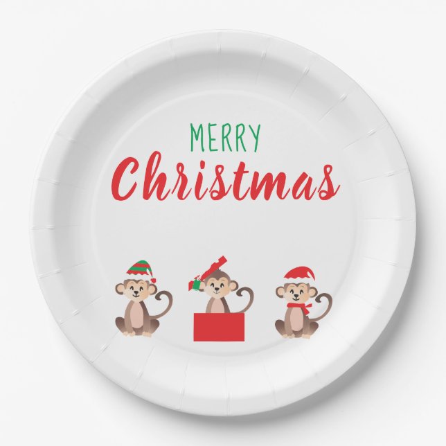 Merry Christmas Monkeys Christmas Hats Paper Plates (Front)