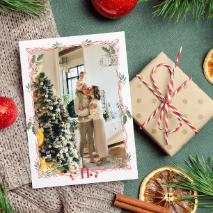 Merry Christmas Monogram Holly Berry Photo Holiday Card