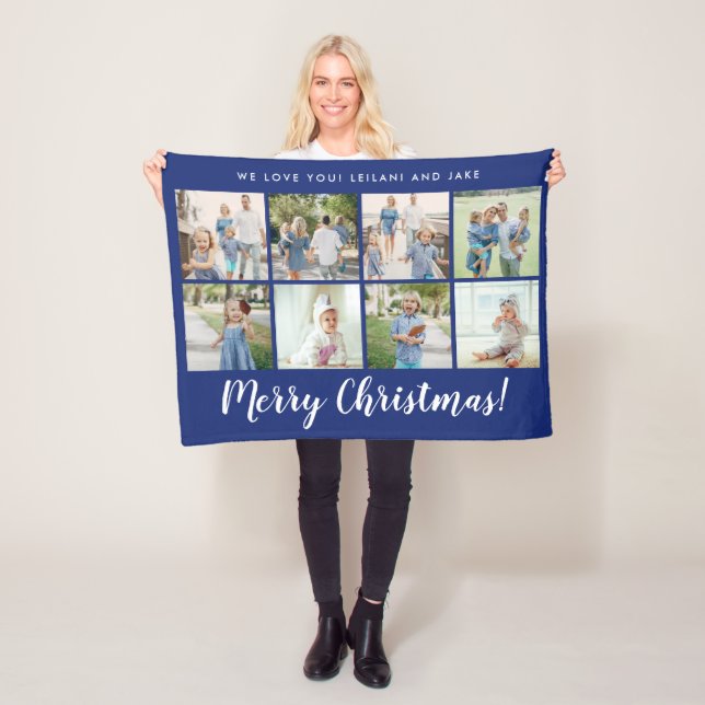 Merry Christmas Monogram Photo Collage | Navy Fleece Blanket (In Situ)