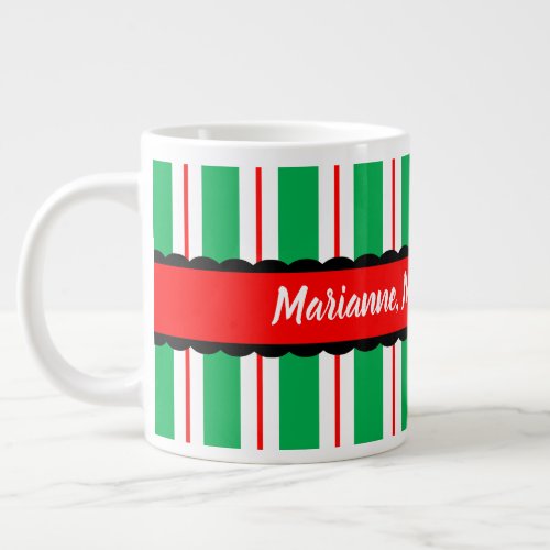 Merry Christmas Monogram Red Green White Striped Giant Coffee Mug