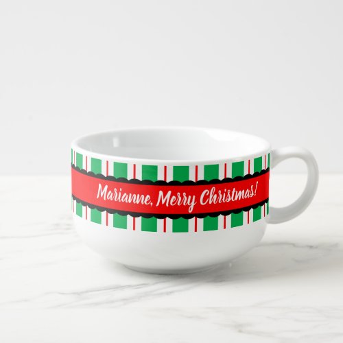 Merry Christmas Monogram Red Green White Striped Soup Mug