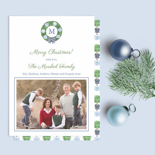 Merry Christmas Monogram Watercolor Boxwood Wreath Holiday Card