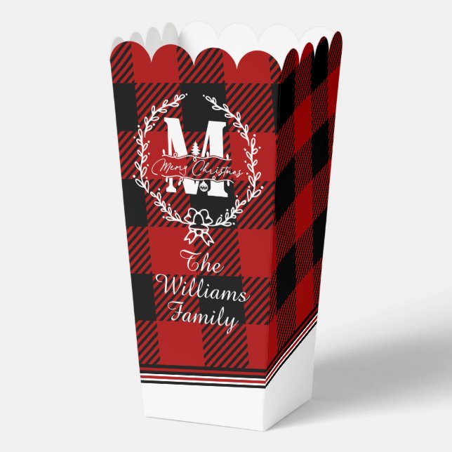 Merry Christmas Monogram Wreath Buffalo Check Favor Boxes (Front)