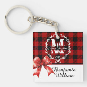 Merry Christmas Monogram Wreath Buffalo Plaid Keychain