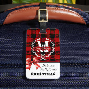 Merry Christmas Monogram Wreath Buffalo Plaid Luggage Tag